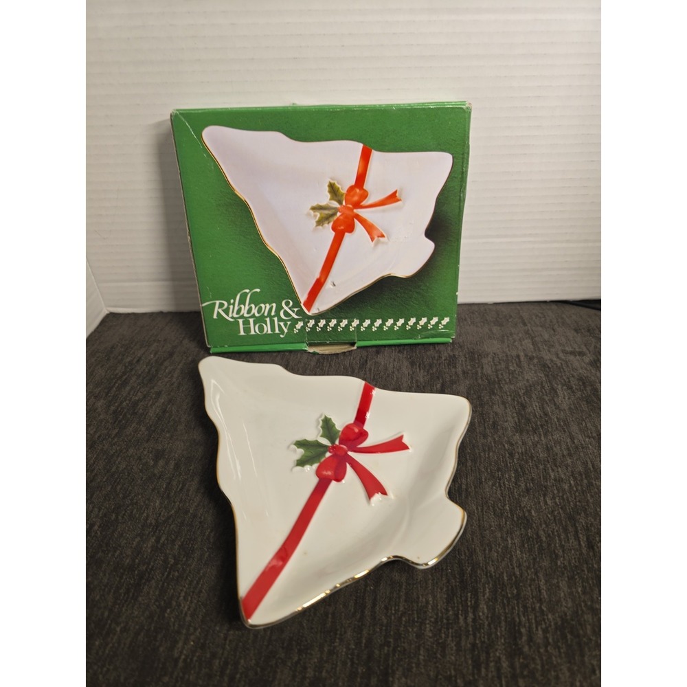 Mount Clemens Pottery Christmas Tree W/Red Ribbon Relish Candy Decor Plate Dish